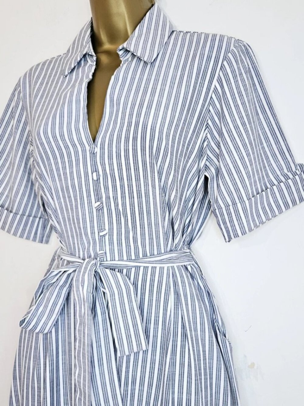 Striped Button Front Belted Blue White Midi Shirt Dress - Picture 5 of 5